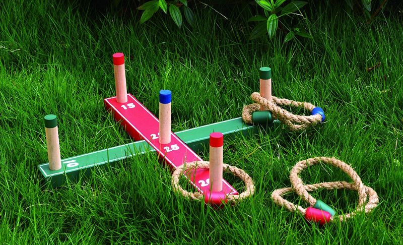 Traditional Family Rope Quoits Hoopla Playset Wood Target Board for Adults Kids Indoor Outdoor Play Garden Park Beach Home School Picnic BBQ Party GWUK Wooden Ring Toss Garden Game 