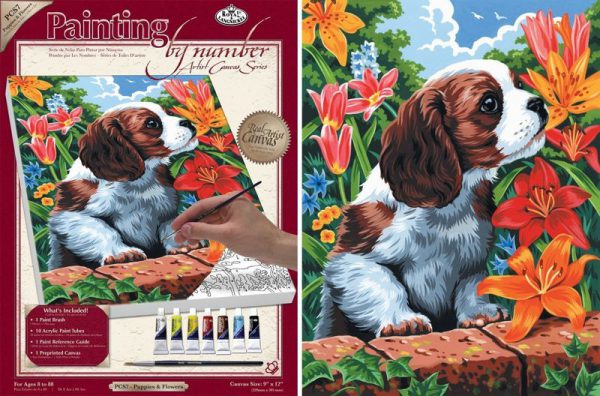 A4 Painting By Numbers Kit - Puppy And Flowers Pcs7