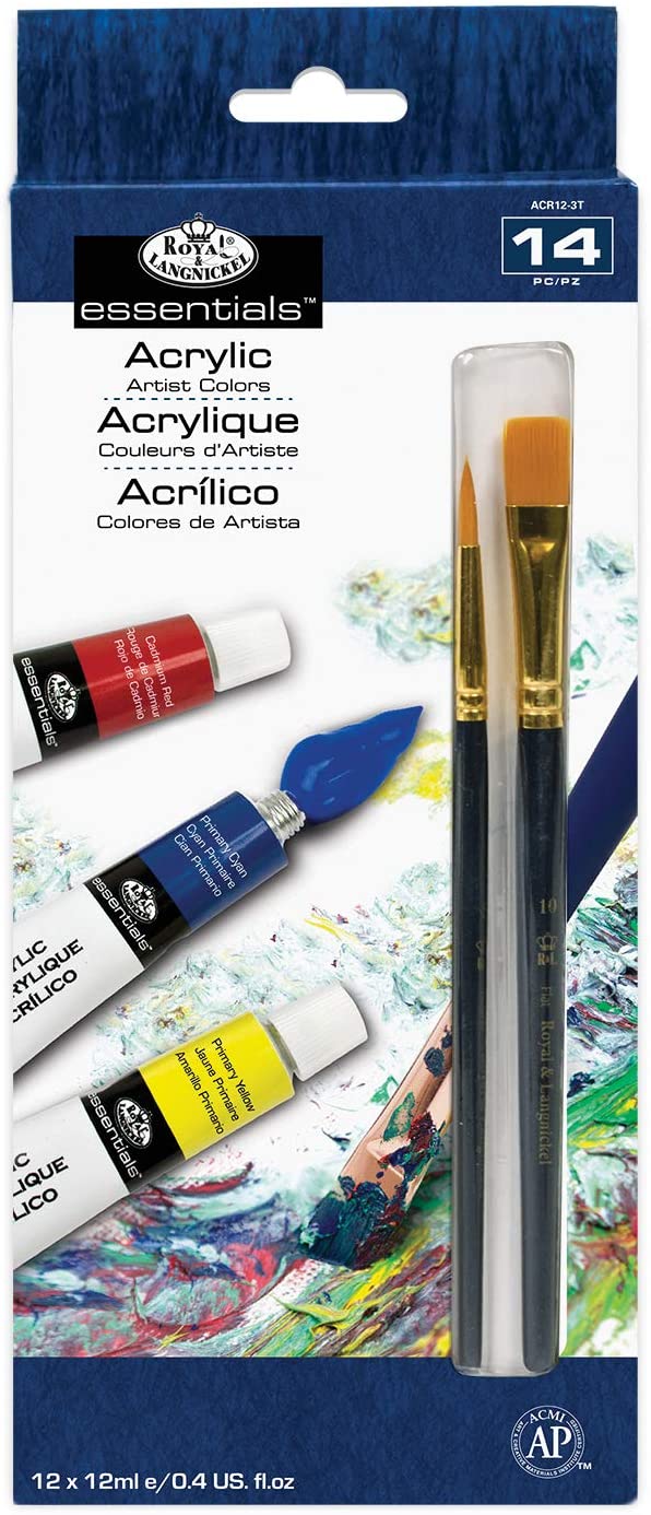 Pack of 12 Acrylic Paints 12ml Assorted Colours & 2 Brushes ACR12