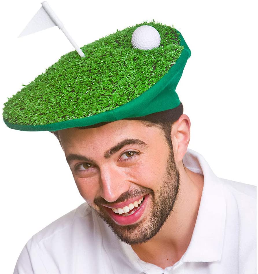 Funny Joke Golf Course Fancy Dress Hat Beret With Grass & Ball