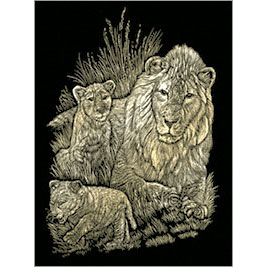 Lion And Cubs Gold Regular Size Engraving Art Scraperfoil