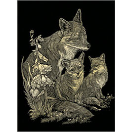 Fox And Cubs Gold Foil Regular Size Engraving Art Scraperfoil