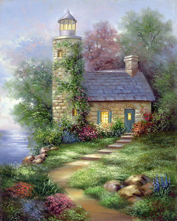 A3 Deluxe Canvas Painting By Greyscale Kit - Romantic Lighthouse Pom-set14