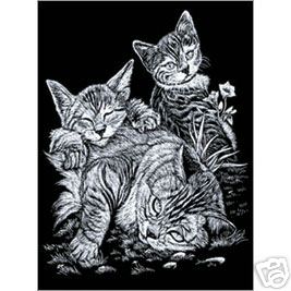 Tabby Cat And Kitten Silver Mini Engraving Art Scraperfoil