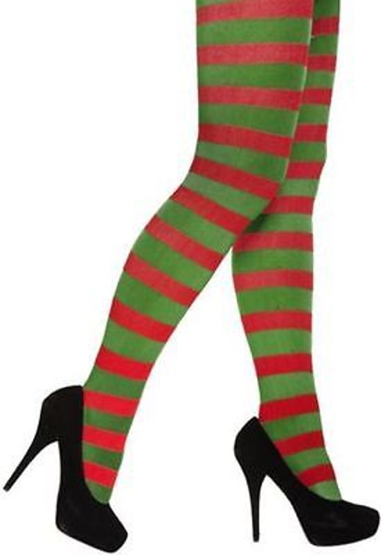 Christmas Elf Pixie Red Green Stripe Tights Fancy Dress Costume - W00 987