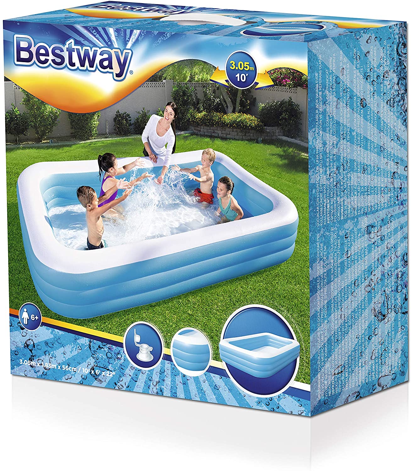 10ft Rectangular Inflatable Paddling Pool Kids and Family Large pool Easy to Assemble Blue Pool with Drainage Plug in Size 305 cm x 183 cm x 50 cm 